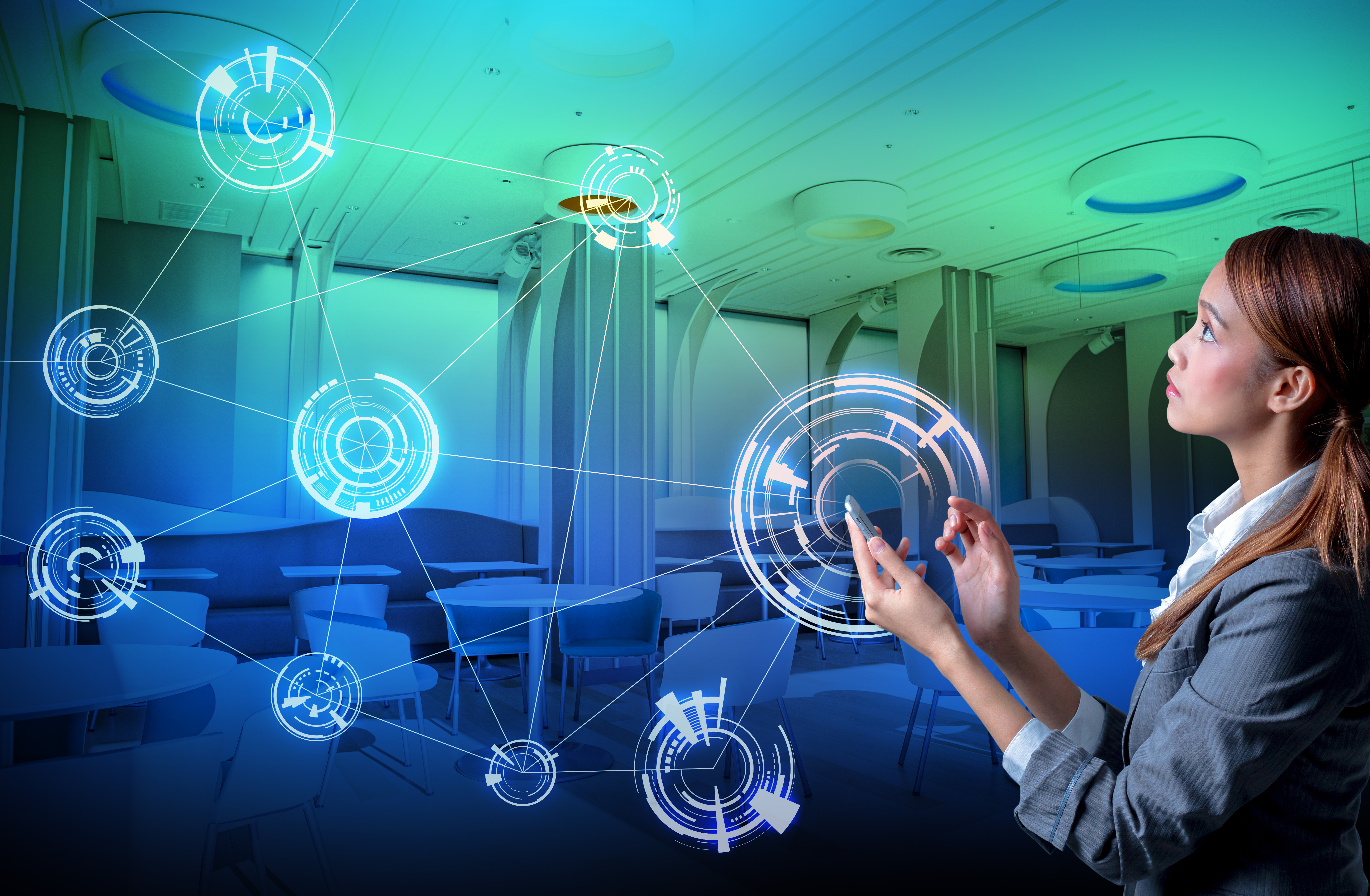 person interacting with technology controls in an abstract setting