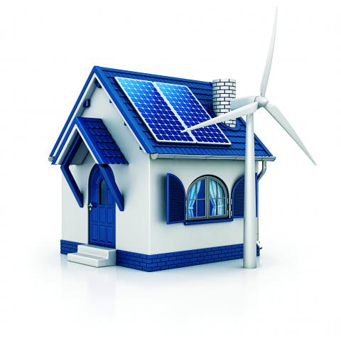 house with wind turbine and solar panel