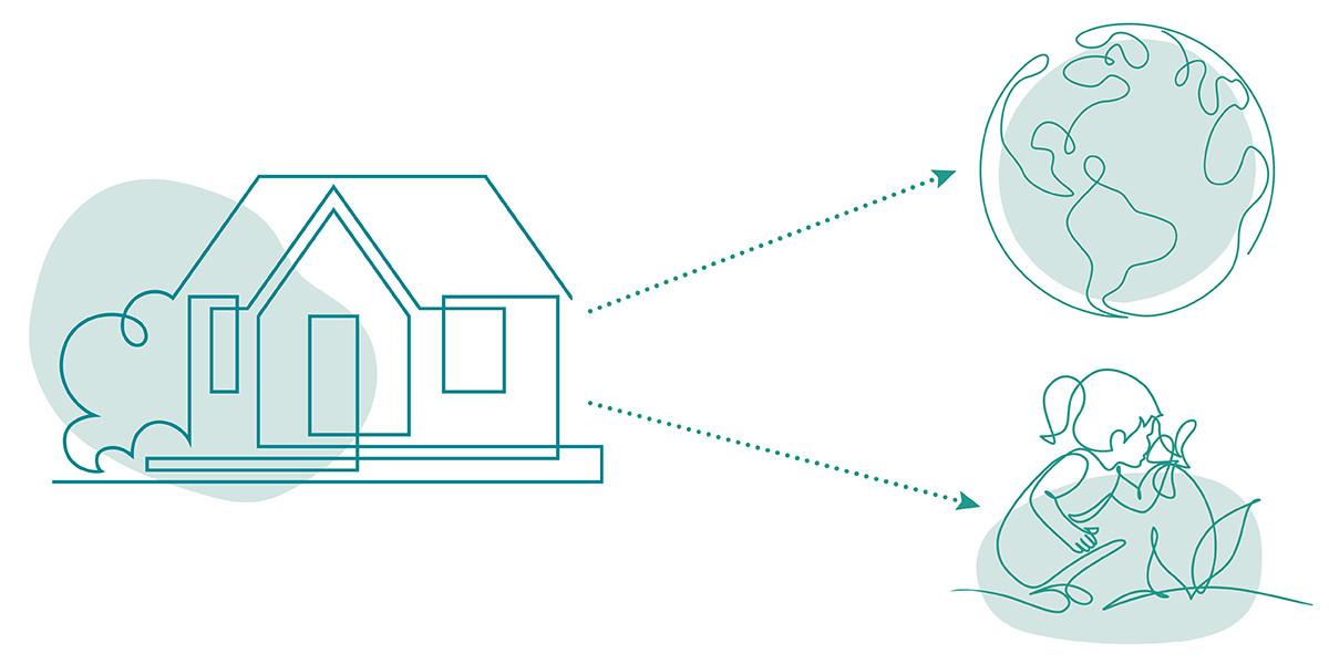 An illustration to show that improving buildings helps people and the climate