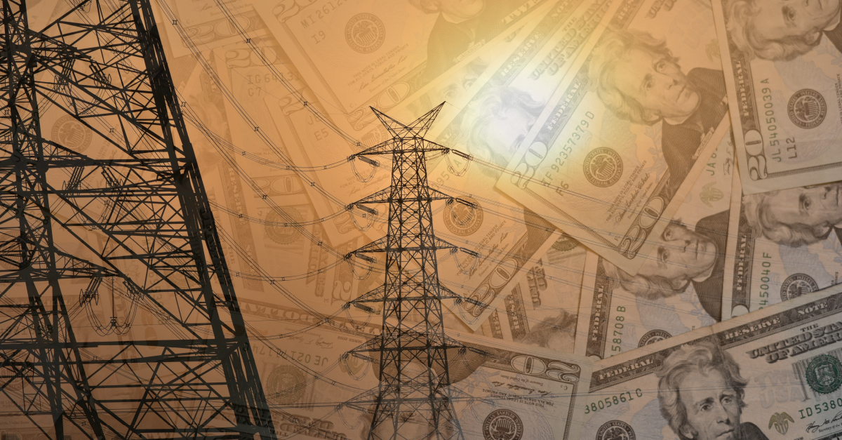An illustration of transmission lines against a background of $20 bills