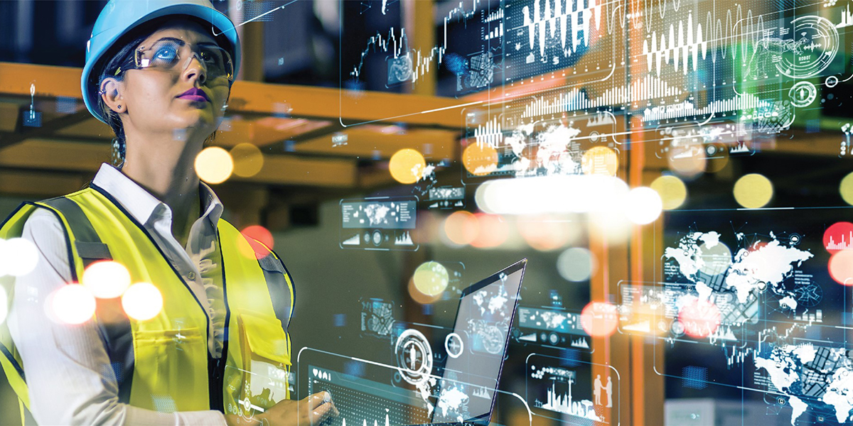 A woman with a hardhat surrounded by an illustration of technology in a building
