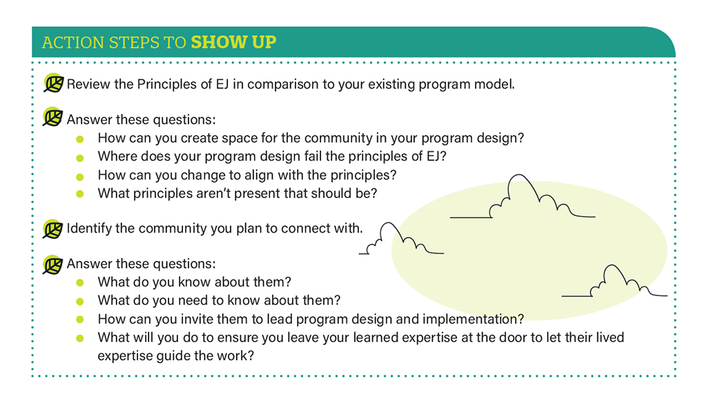 An infographic outlining action steps to show up based on the EJ principles outlined in this article