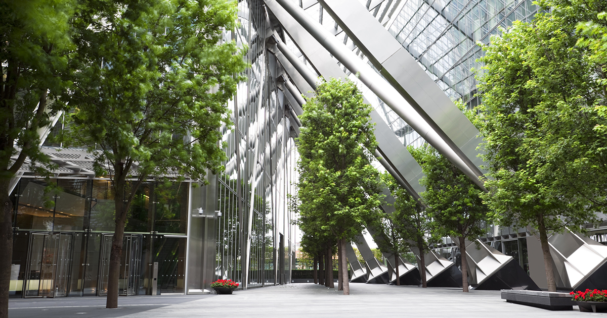 The lobby of a building with trees