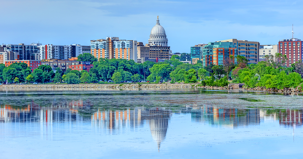 The city of Madison, Wisc., reflected in Lake Monona