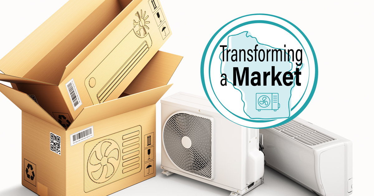 An illustration of heat pumps and boxes with the headline: Transforming a Market