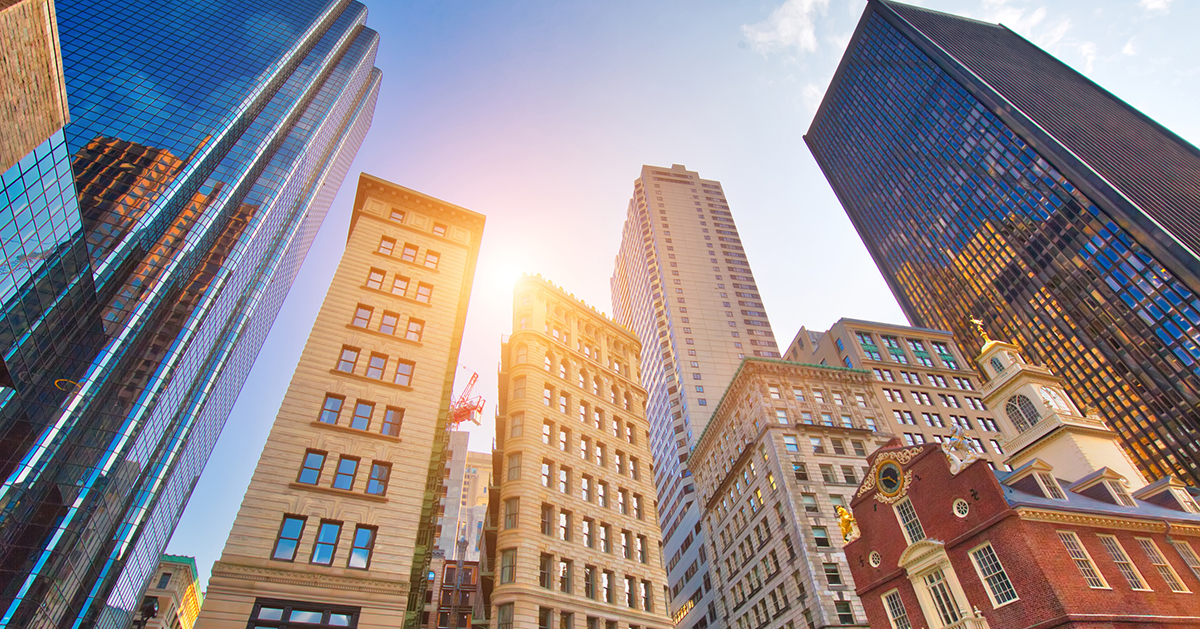 A view of Boston buildings looking up toward the sky