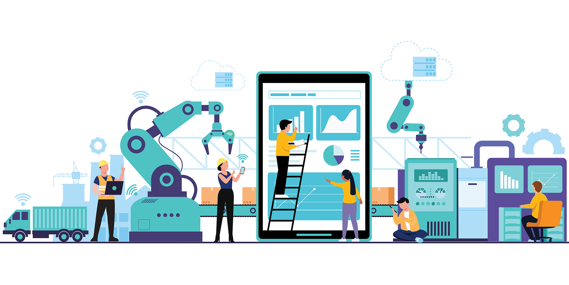 Illustration of people working in industrial fields 