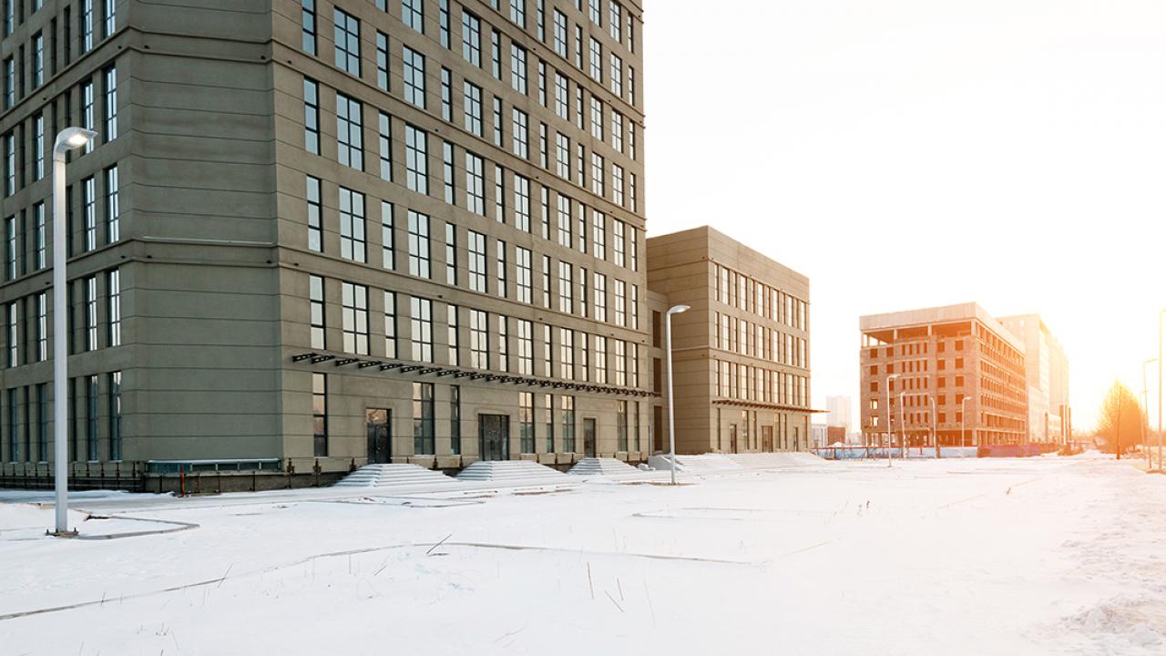 An office building in a winter climate
