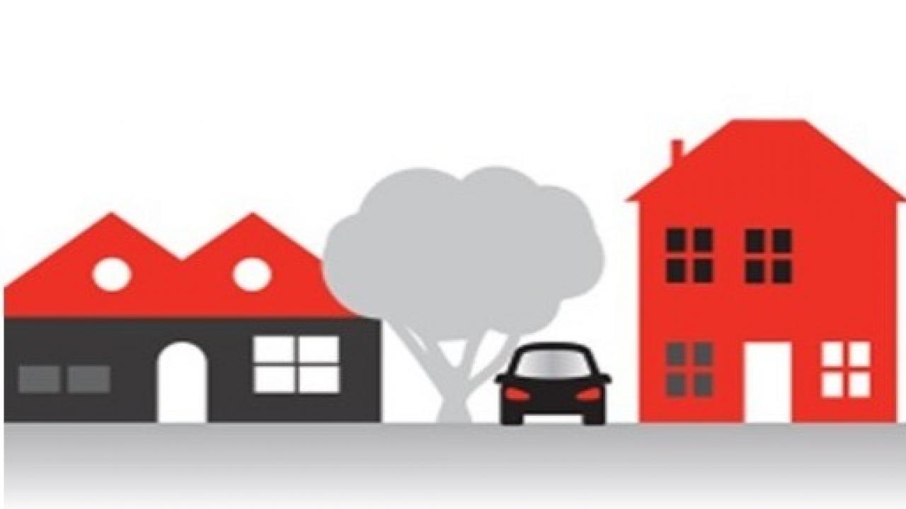 illustration of a car, tree, and homes on a street