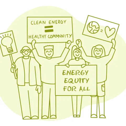 Illustration of people advocating for clean energy and healthy communities